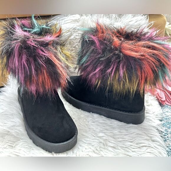 ROUGE HELIUM Colorful Faux Fur Black Suede Ankle Boots 7 - Picture 2 of 8